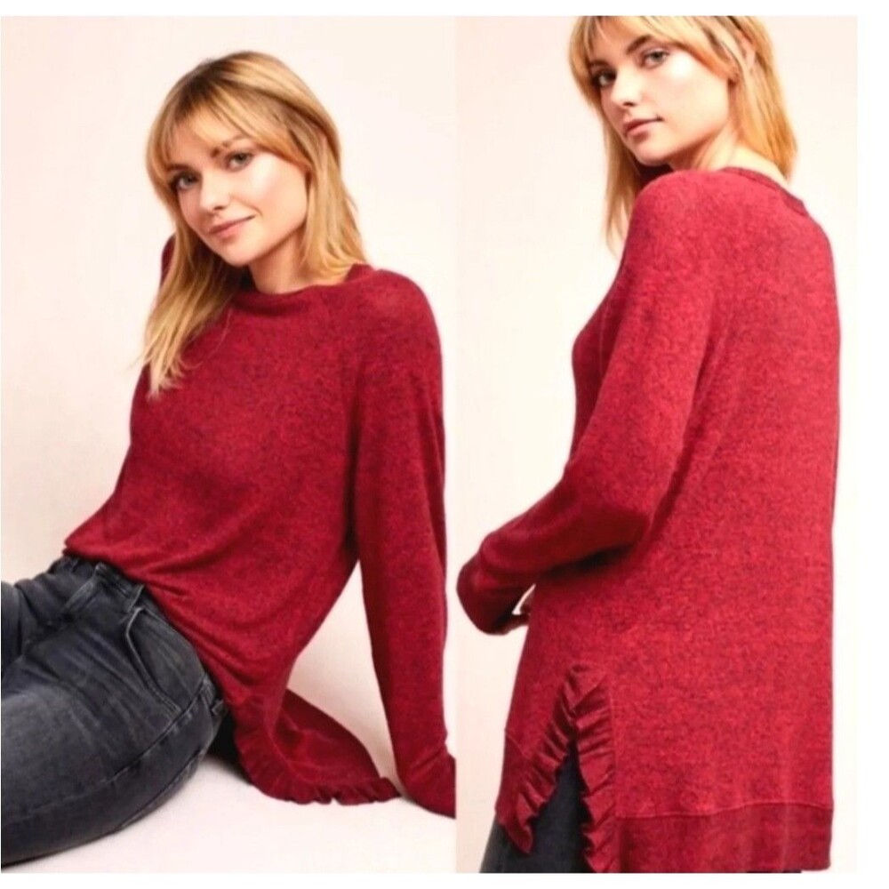 Anthropologie Postmark tunic sweater Black Red Marbled crew neck Raglan sleeve L